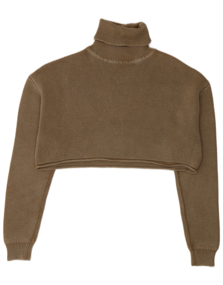 Zara Womens Crop Oversized Roll Neck Jumper Sweater UK 10 Small Khaki