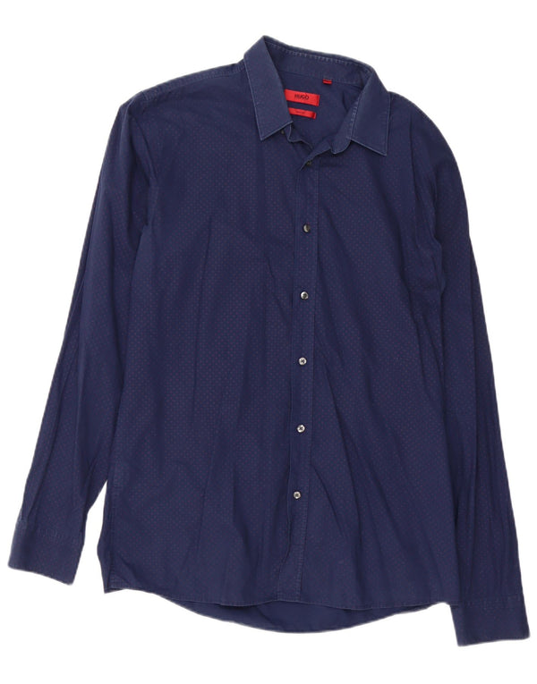 Hugo Boss Mens Slim Fit Shirt Large Navy Blue Spotted Cotton