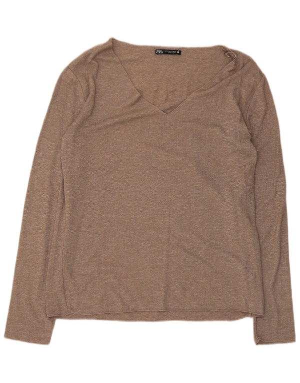 Zara Mujer Top Manga Larga UK 42 Viscosa Marrón Medio