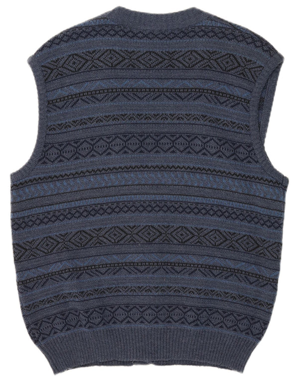 Vintage Mens Sleeveless Cardigan Sweater Large Navy Blue Fair Isle Wool