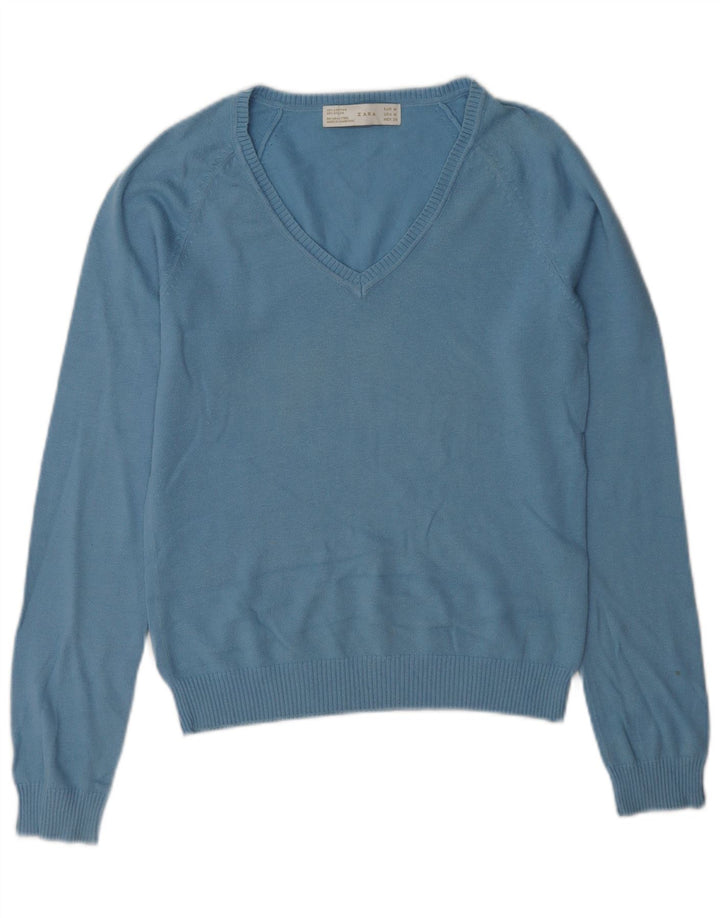Zara Womens V-Neck Jumper Sweater UK 12 Medium Blue Cotton