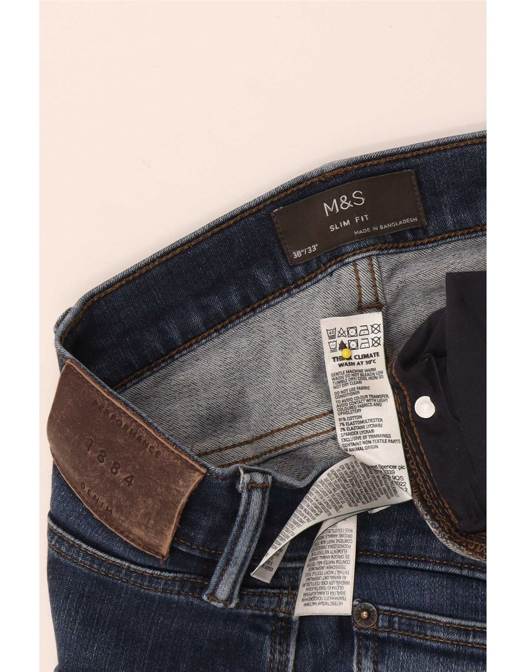 Jeans slim da uomo Marks & Spencer W38 L33 cotone blu navy