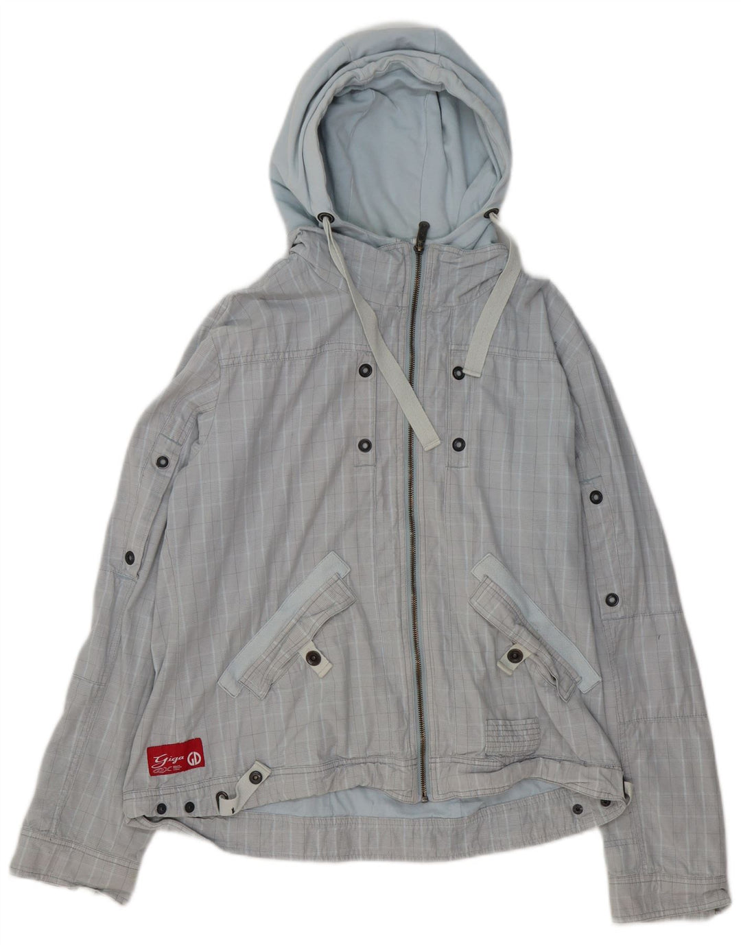 GIGA DX Womens Hooded Bomber Jacket US 14 XL Blue Check Polyester