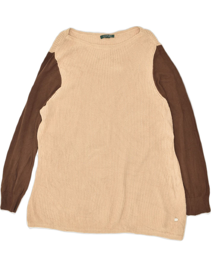 RALPH LAUREN Womens Boat Neck Jumper Sweater UK 16 Large Beige Colourblock | Vintage Ralph Lauren | Thrift | Second-Hand Ralph Lauren | Used Clothing | Messina Hembry 