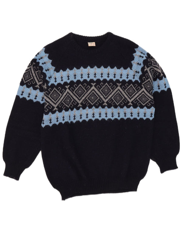 vintage Mens Crew Neck Jumper Pull XL Bleu Marine Fair Isle Acrylique