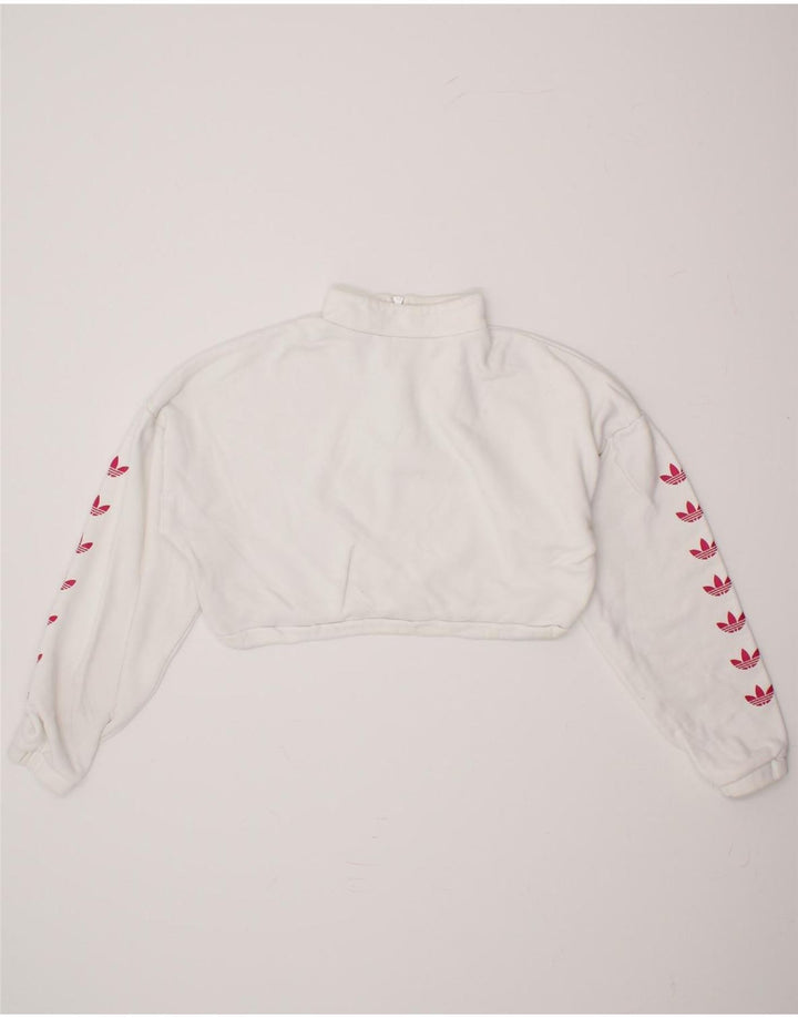 ADIDAS Womens Oversized Crop Graphic Sweatshirt Jumper UK 10 Small White Vintage Adidas and Second-Hand Adidas from Messina Hembry 