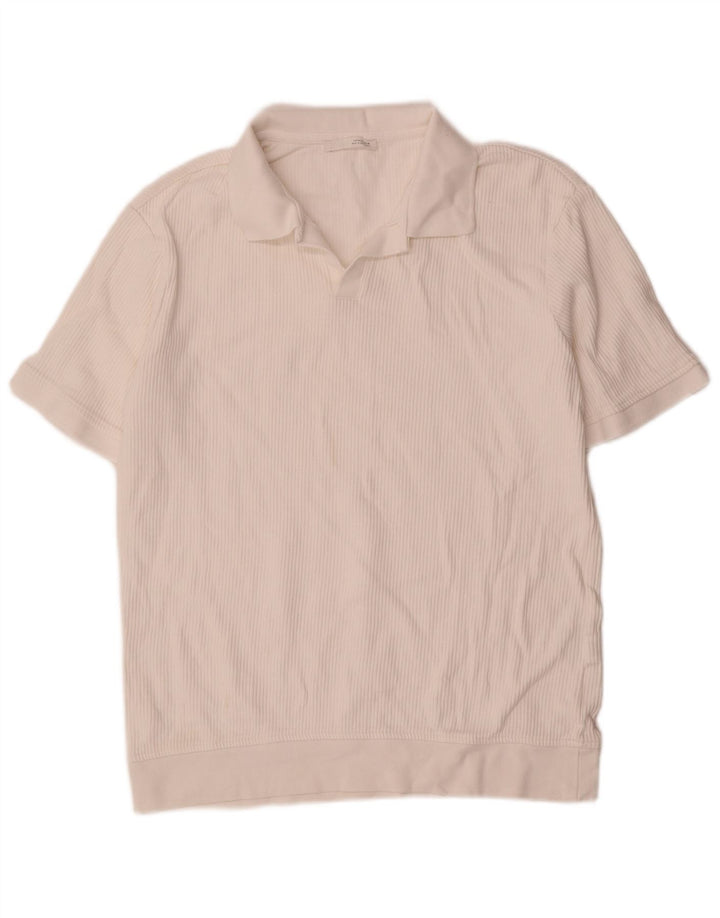 Zara Mens Polo Shirt Medium White Striped Cotton
