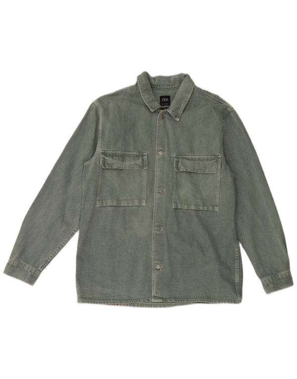 Camicia in denim vestibilità comoda da uomo Zara XL in cotone verde