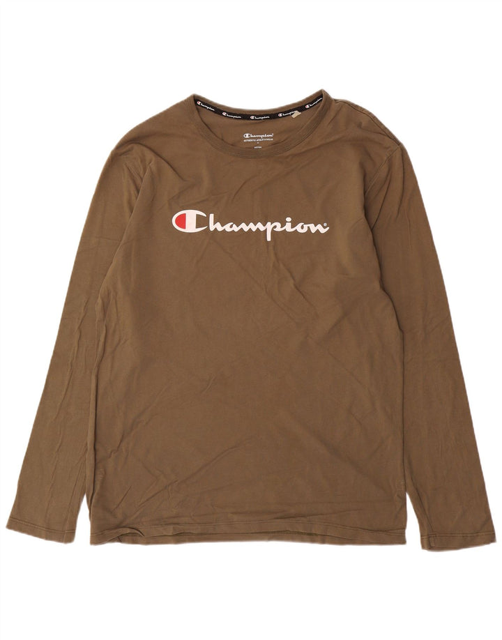 CHAMPION Mens Graphic Top Long Sleeve Large Brown Cotton