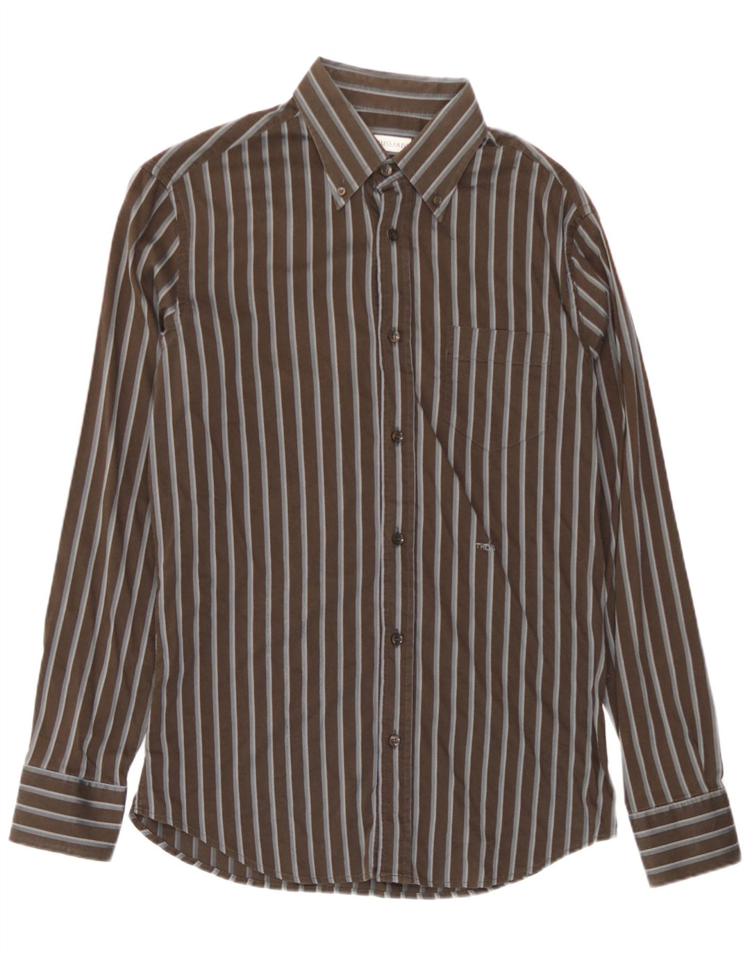 Trussardi Mens Shirt Large Brown Striped Cotton