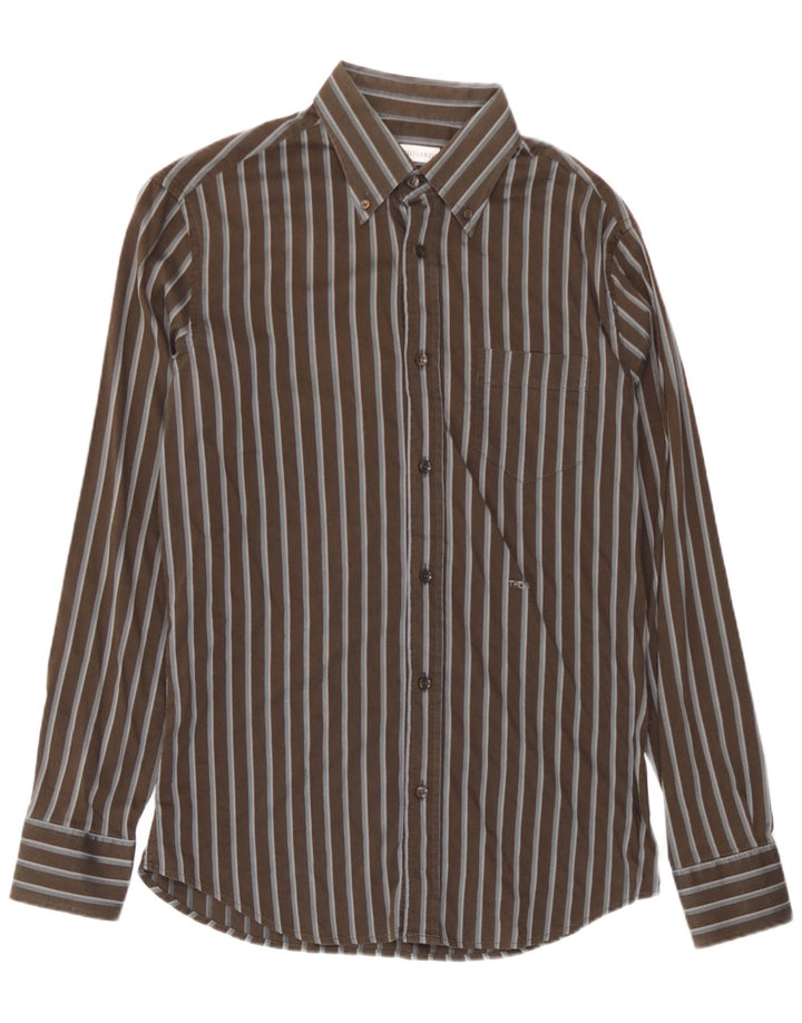 Trussardi Mens Shirt Large Brown Striped Cotton