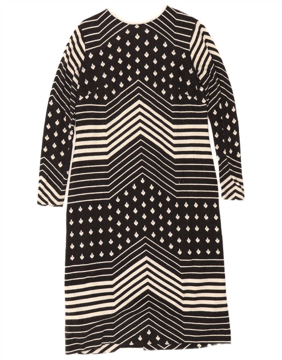 Vintage Damen Langarm-Etuikleid UK 12 Medium Schwarz Geometrisch