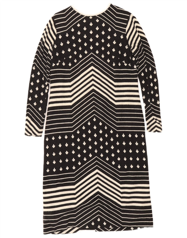 Vintage Damen Langarm-Etuikleid UK 12 Medium Schwarz Geometrisch