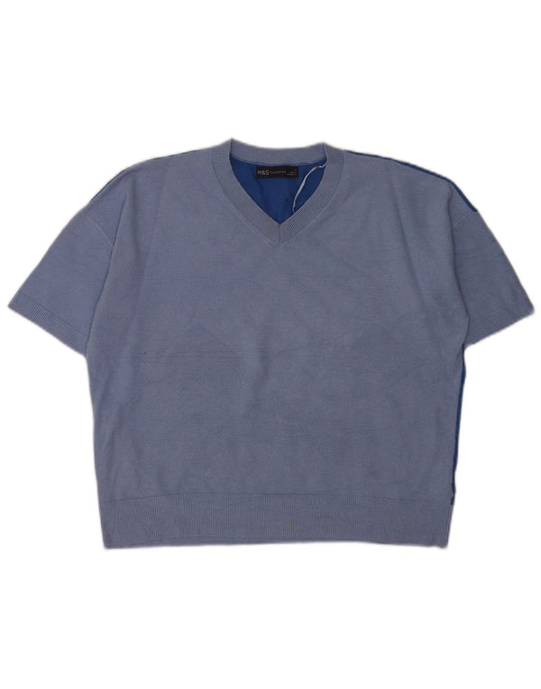 Marks & Spencer Womens Short Sleeve V-Neck Jumper Sweater UK 10 Small Blue