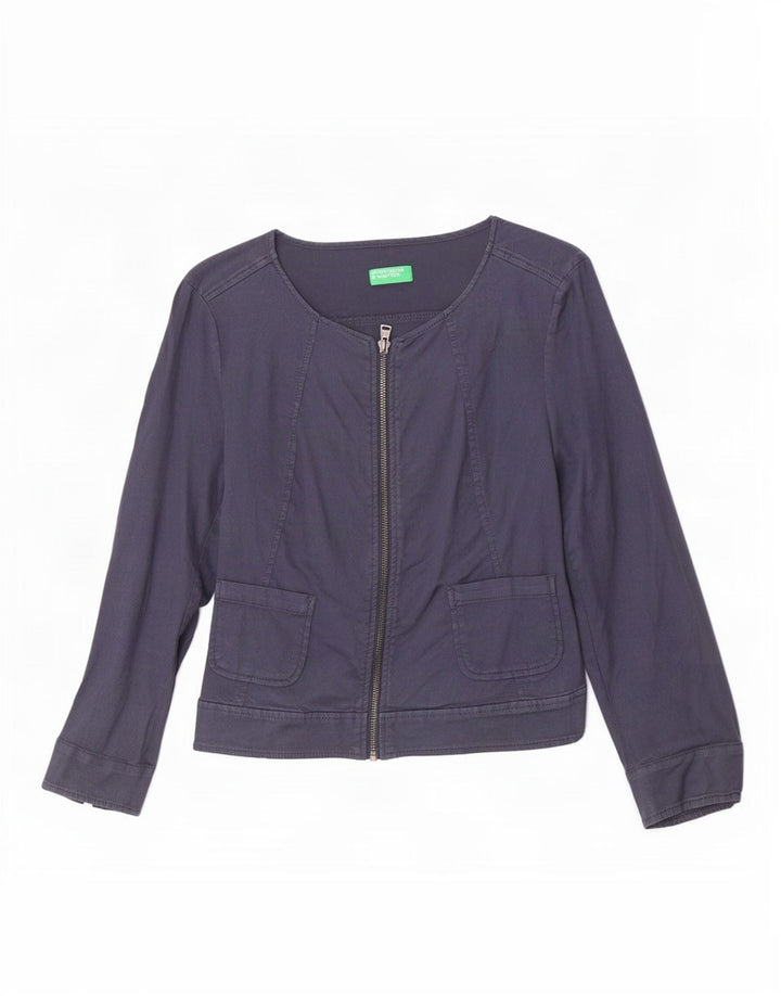 Benetton Womens 3/4 Sleeve Bomber Jacket UK 8 Small Navy Blue Cotton