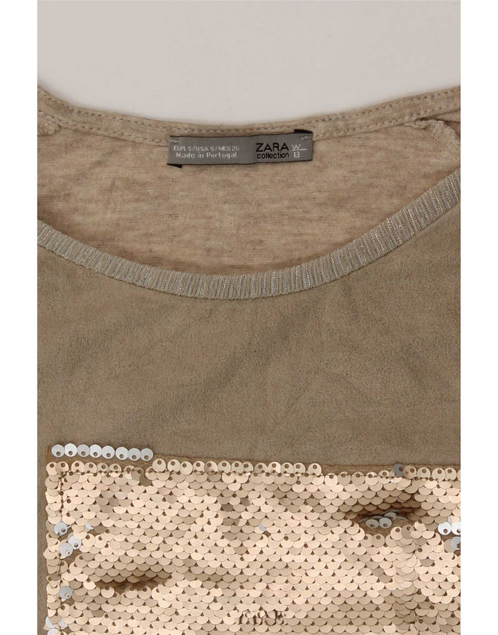 Zara Womens Graphic T-Shirt Top UK 10 Small Beige