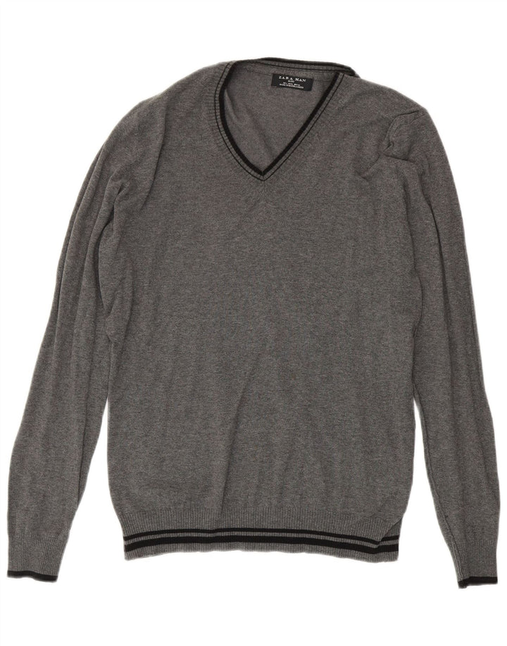 Zara Mens V-Neck Jumper Sweater Large Grey Striped Cotton