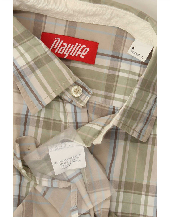 Playlife Mens Shirt Large Beige Check Cotton