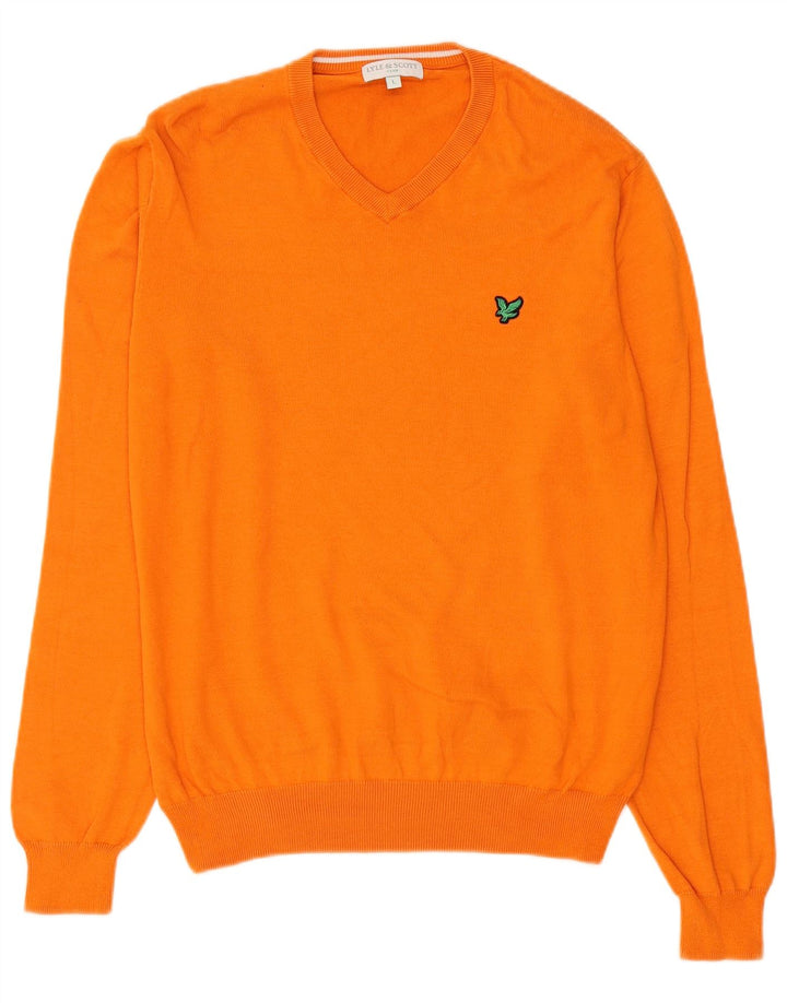 Lyle & Scott Mens V-Neck Jumper Sweater Large Orange Cotton