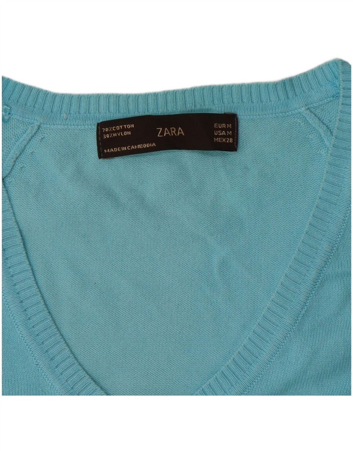Zara Womens V-Neck Jumper Sweater UK 12 Medium Blue Cotton