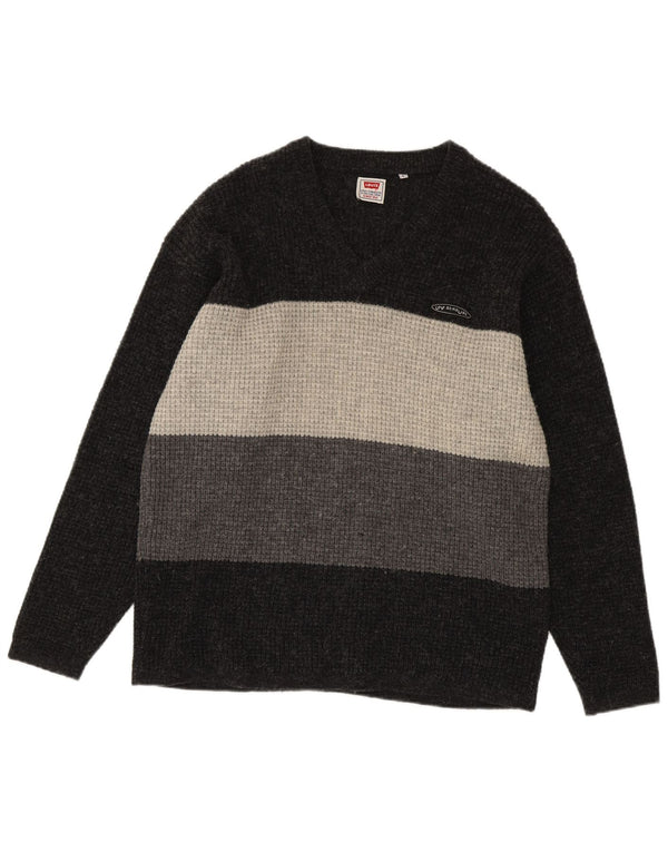 Levi's Mens V-Neck Jumper Sweater Large Grey Colourblock Virgin Wool