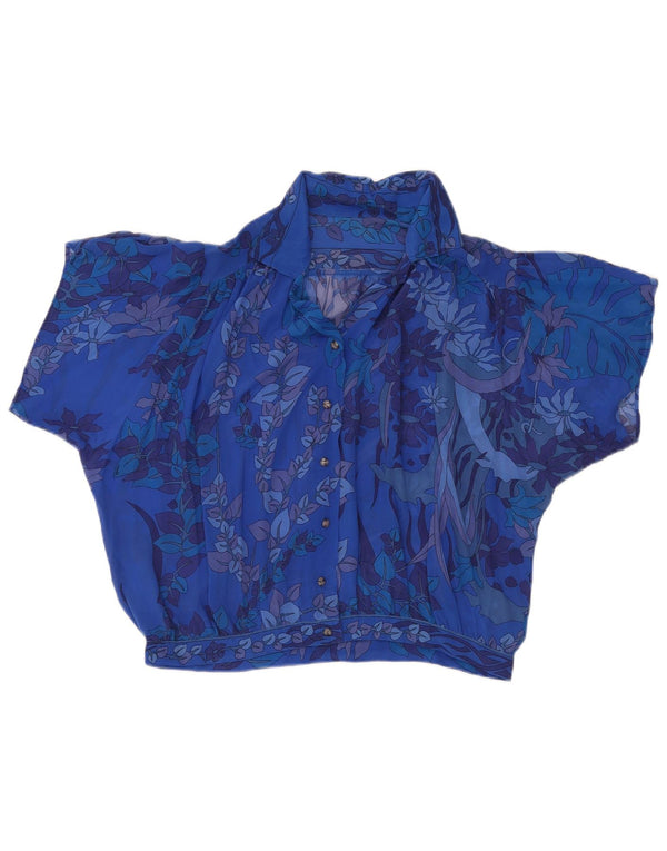 Vintage Damen Durchsichtige Kurzarm-Hemdbluse UK 18 XL Blau geblümt