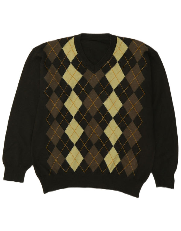 Vintage Mens V-Neck Jumper Sweater Medium Green Argyle/Diamond