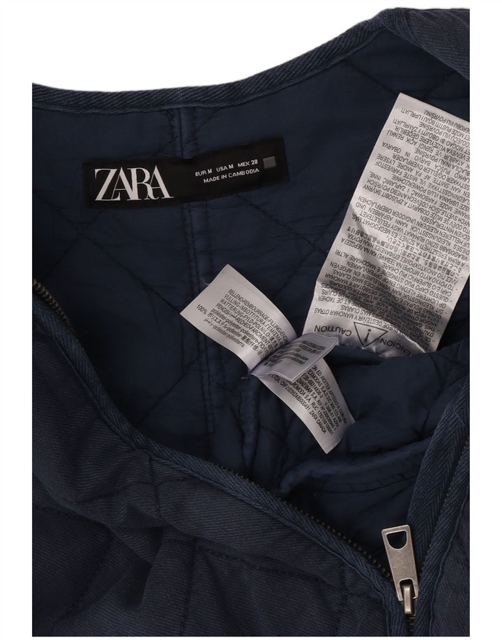 Женская укороченная стеганая куртка оверсайз Zara UK 14, средний темно-синий полиэстер