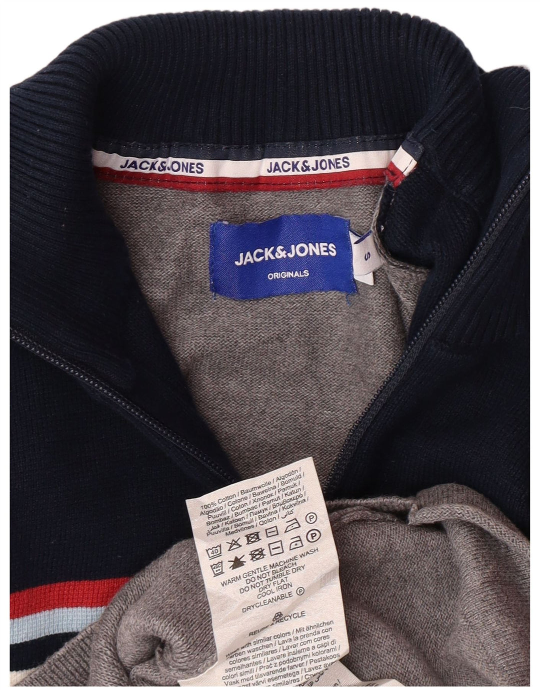 JACK & JONES Mens Graphic Zip Neck Jumper Sweater Small Grey Colourblock