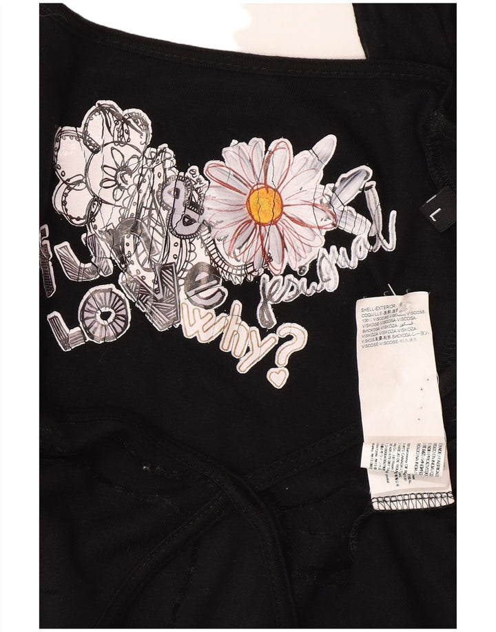Desigual Womens Long Sleeve Basic Dress UK 14 Large Black Floral Viscose