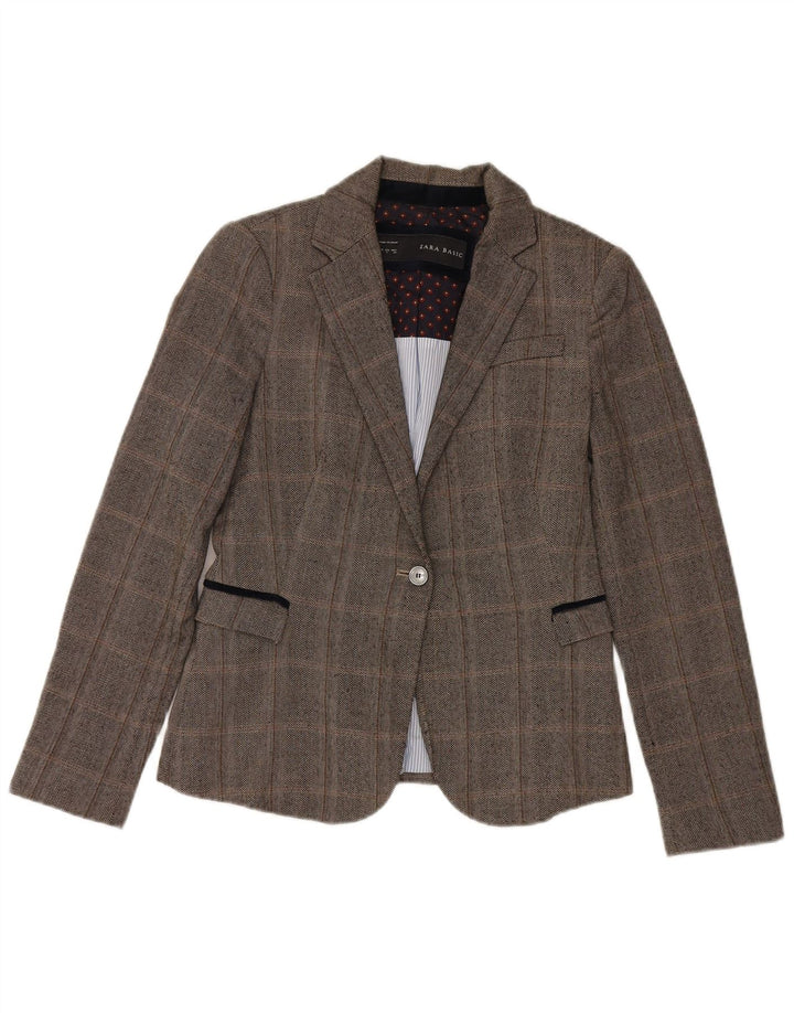Zara Womens 1 Button Blazer Jacket UK 10 Small Grey Check