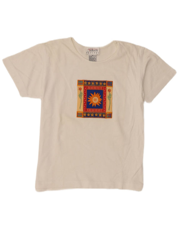 Talbots Dame Petites Grafisk T-Shirt Top UK 14 Medium Hvid Bomuld