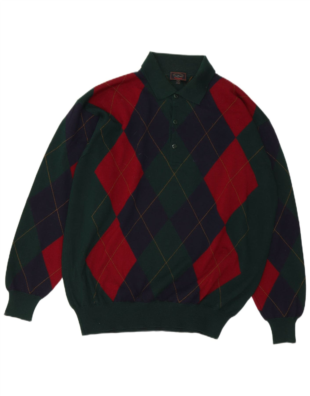 Sky & Eagle Mens Polo Neck Jumper Sweater Large Green Argyle/Diamond