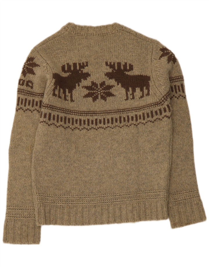 Smog Mens Graphic Crew Neck Jumper Sweater Medium Beige Fair Isle Lambswool