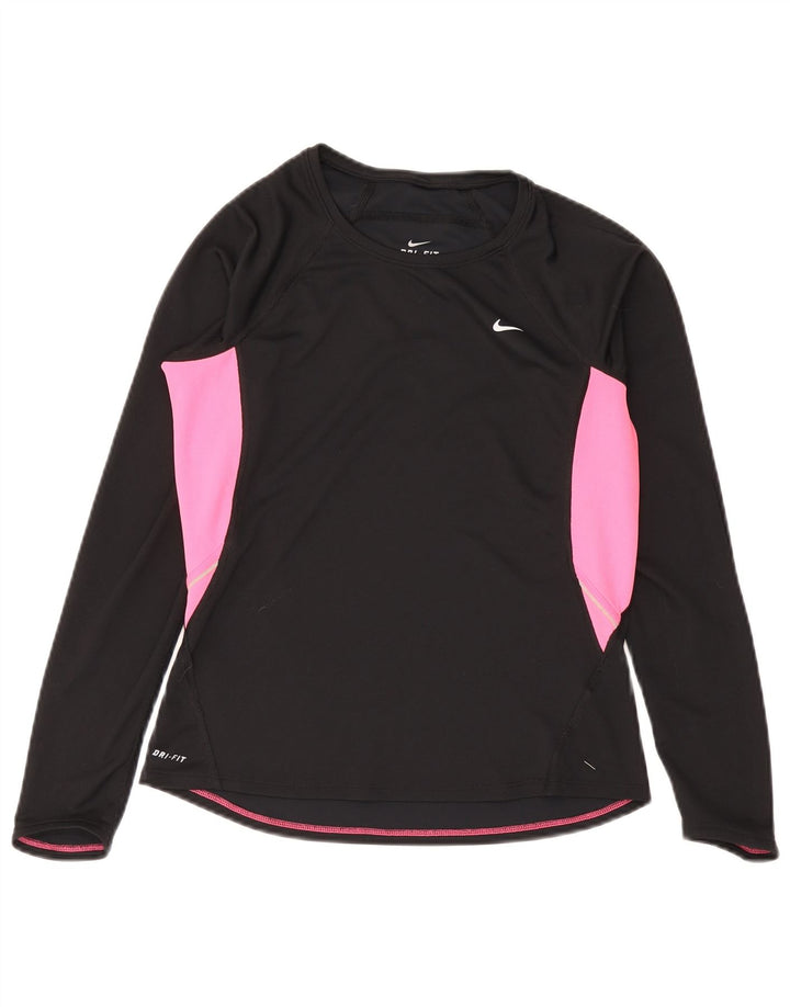 Nike Womens Dri Fit Top Long Sleeve UK 12/14 Medium Black Colourblock