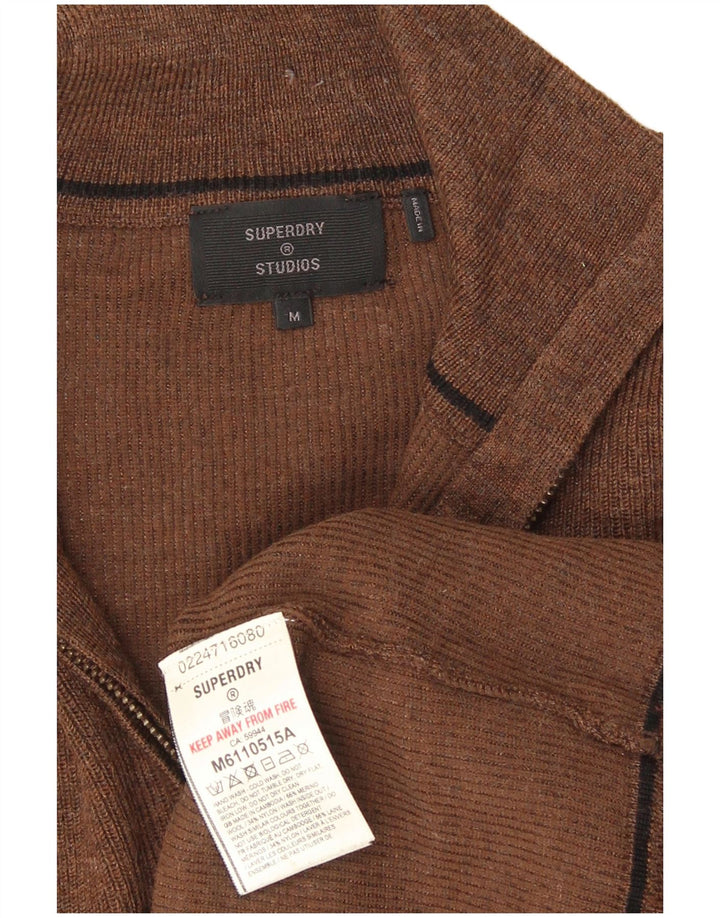 Superdry Mens Zip Neck Jumper Sweater Medium Brown Merino Wool