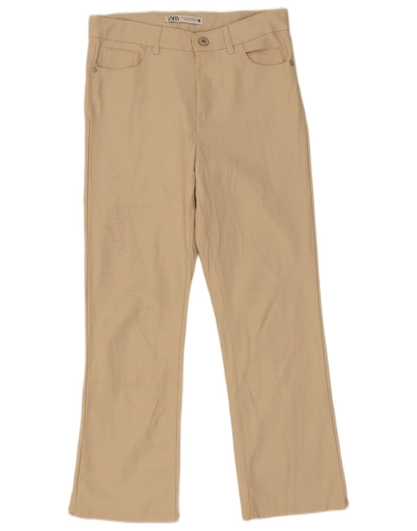 Zara Womens Crop Straight Faux Leather Trousers EU 36 XS W26 L25 Beige