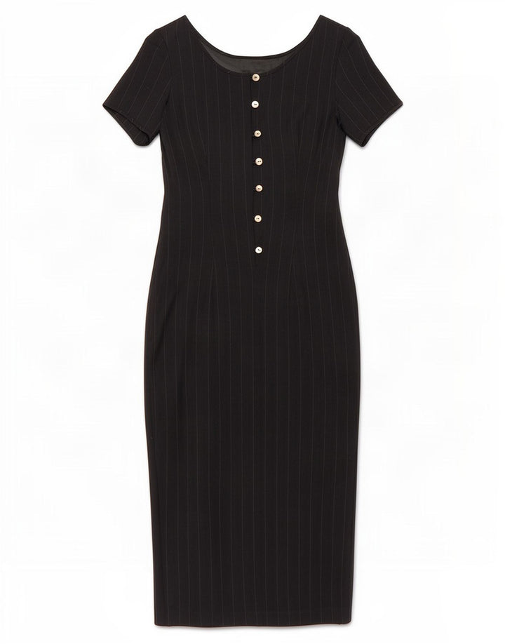Vintage Womens Maxi Dress IT 42 Medium Navy Blue Pinstripe Wool