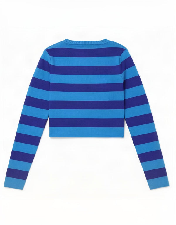 Zara Mujer Crop Top Manga Larga UK 10 Small Azul Rayas Viscosa
