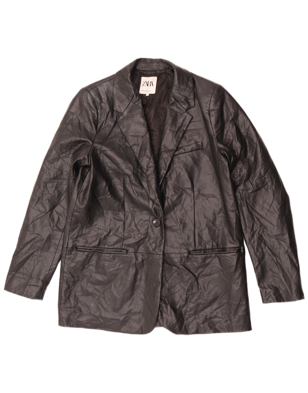 Zara Womens 1 Button Faux Leather Blazer Jacket UK 14 Medium Black
