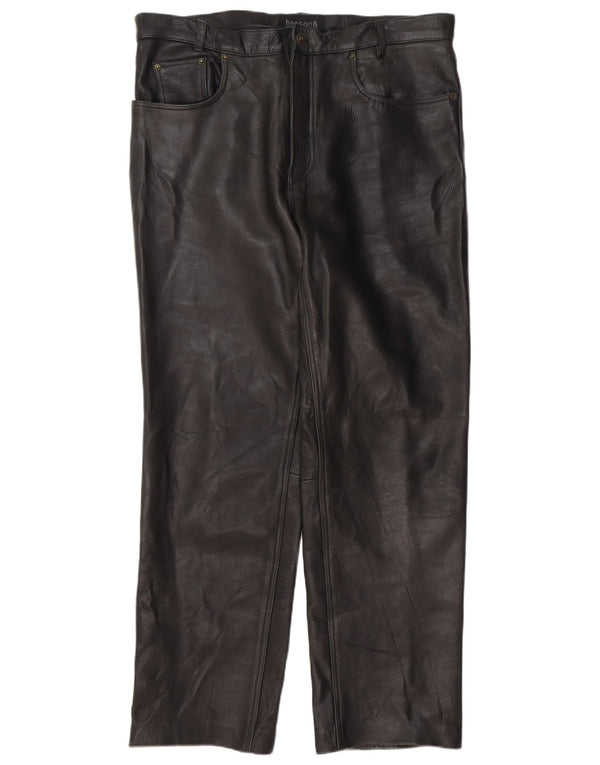 Henson&Henson Mens Straight Leather Trousers W40 L34 Black