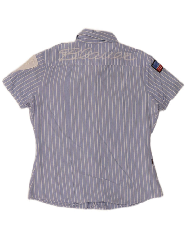 Blauer Womens Short Sleeve Military Shirt UK 14 Large Blue Pinstripe Cotton