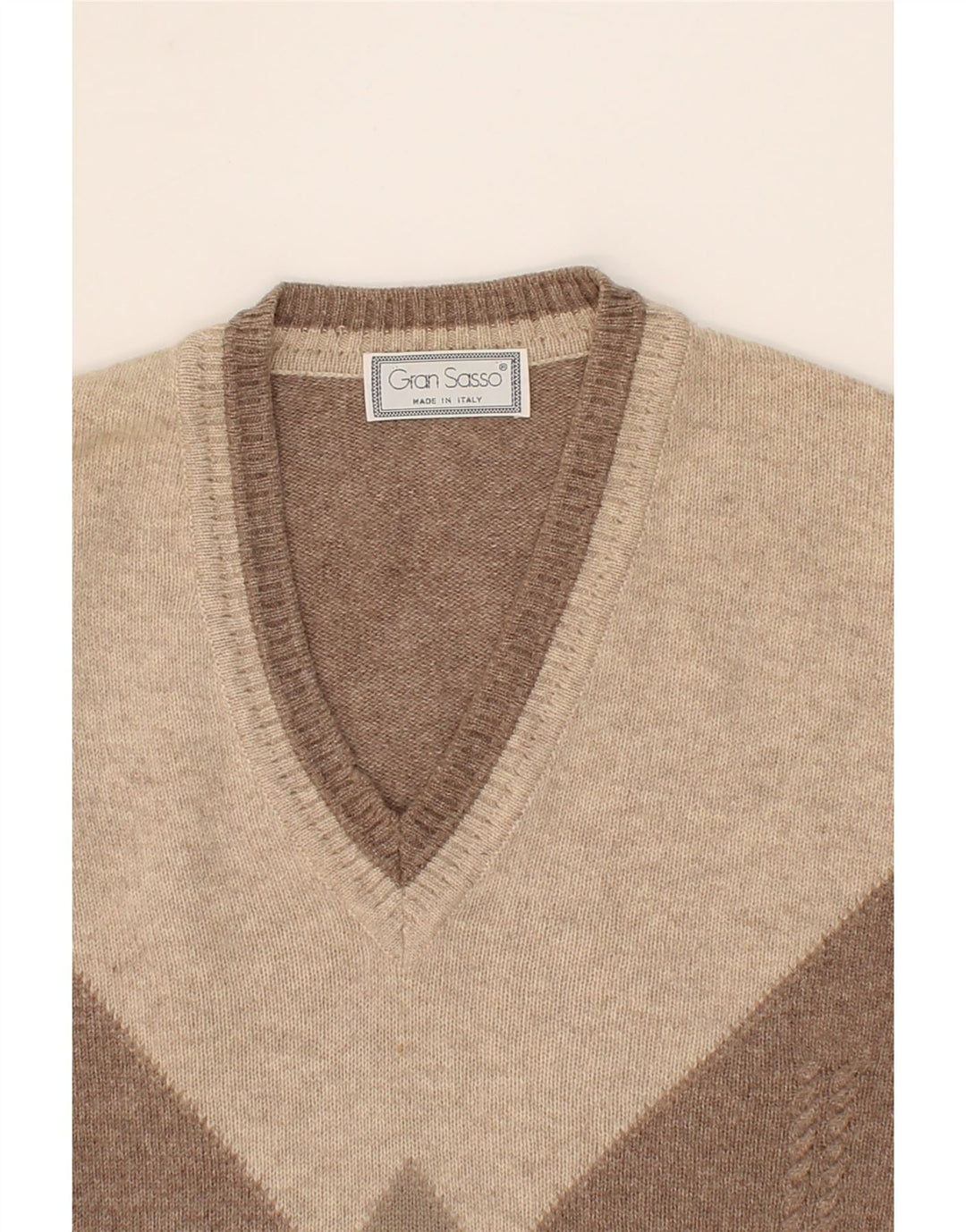 GRAN SASSO Mens V-Neck Jumper Sweater Large Brown Argyle/Diamond Wool