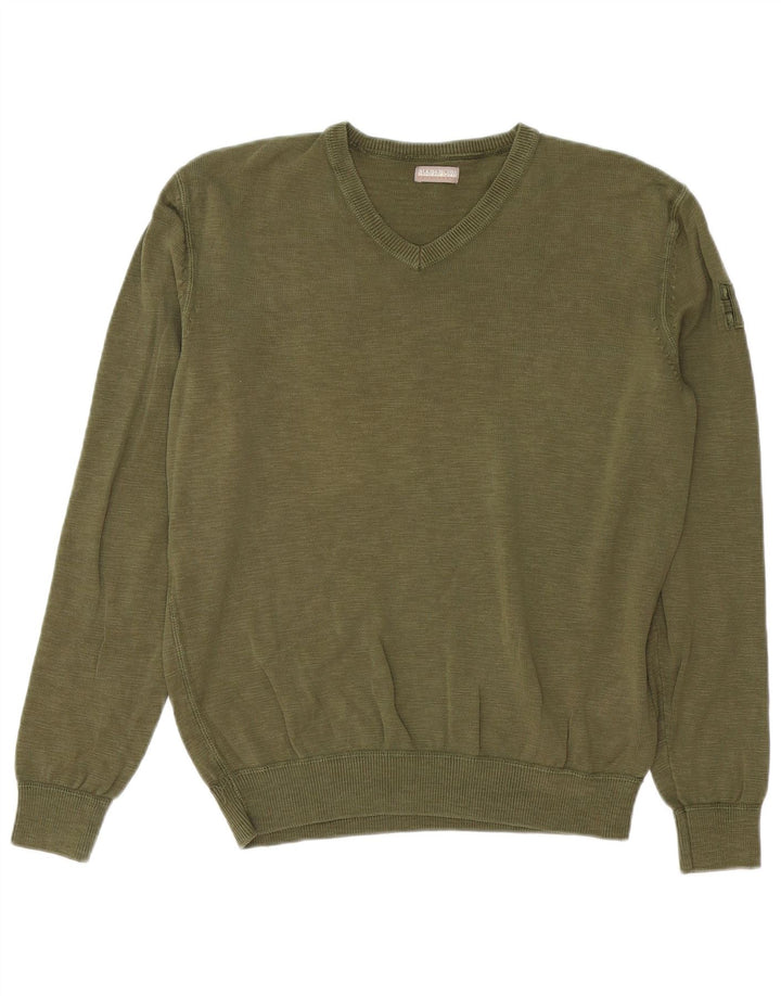 Napapijri Mens V-Neck Jumper Sweater Medium Khaki Cotton