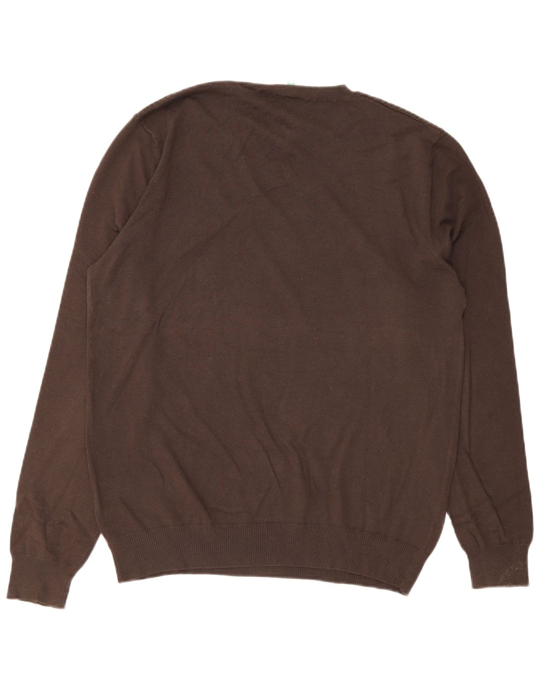 Benetton Mens V-Neck Jumper Sweater Large Brown Cotton