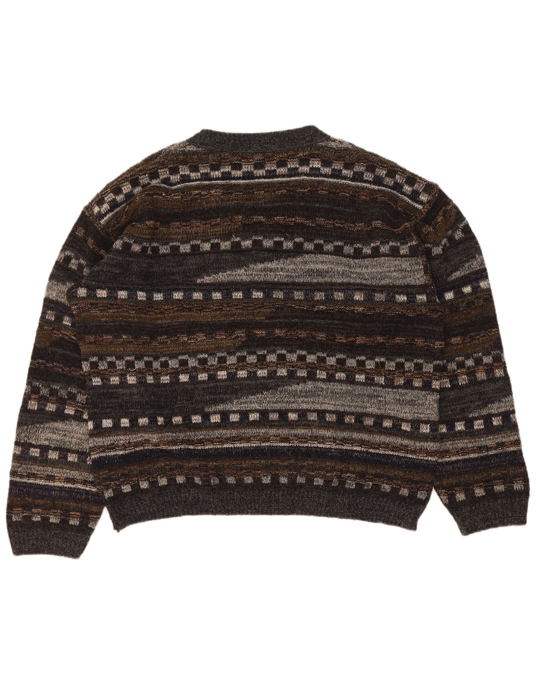 Vintage Mens V-Neck Jumper Sweater Large Grey Geometric Wool