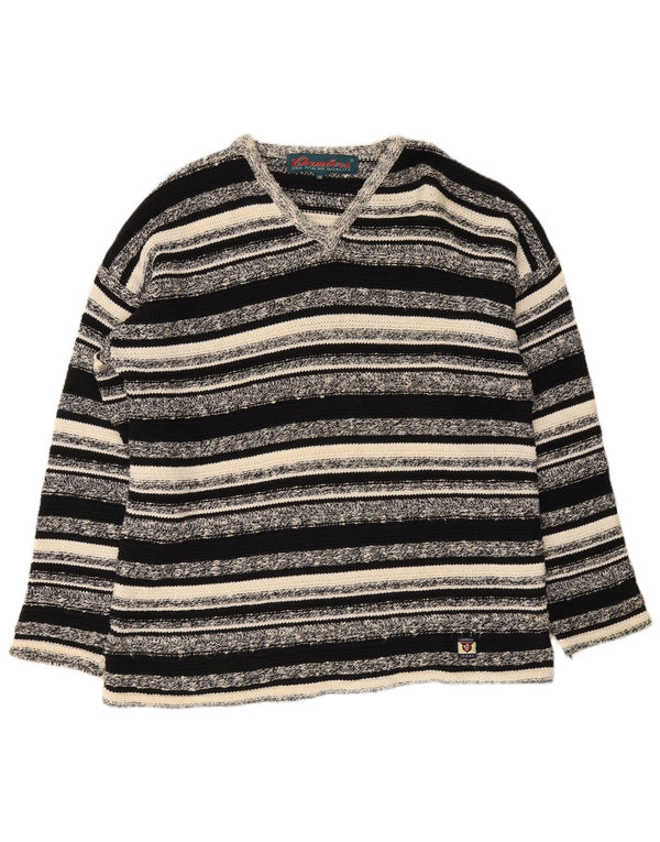Chambers Mens V-Neck Jumper Sweater Medium Black Striped Cotton