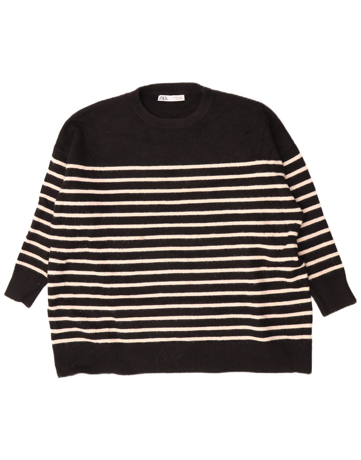 Zara Womens Oversized Crew Neck Jumper Sweater UK 14 Medium Black Striped