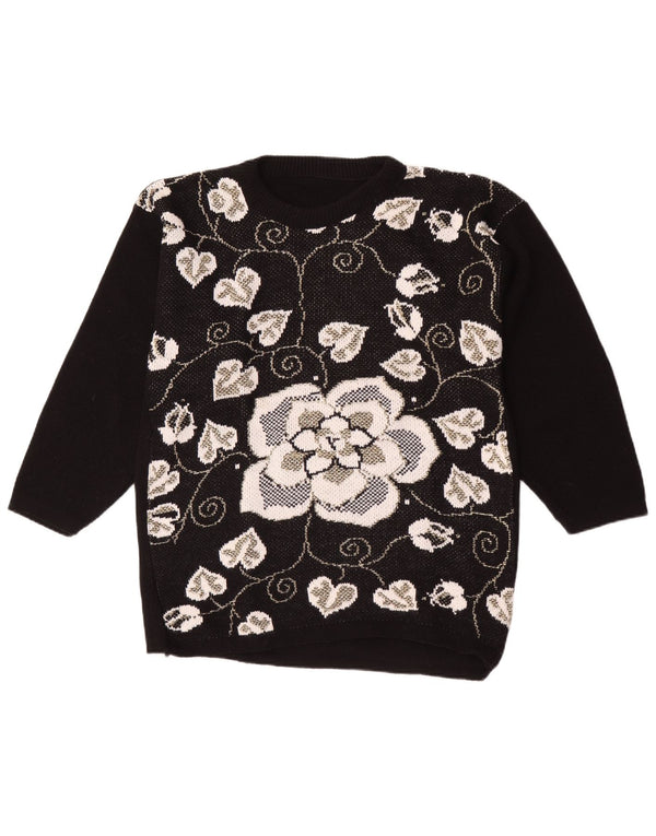 Vintage Womens Crew Neck Jumper Sweater UK 16 Large Black Floral