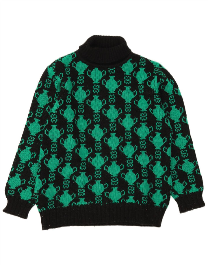 Maglione maglione collo alto da donna vintage con motivo astratto UK 12 medio nero